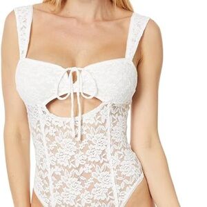 Free People White Lace Cutout Bodysuit